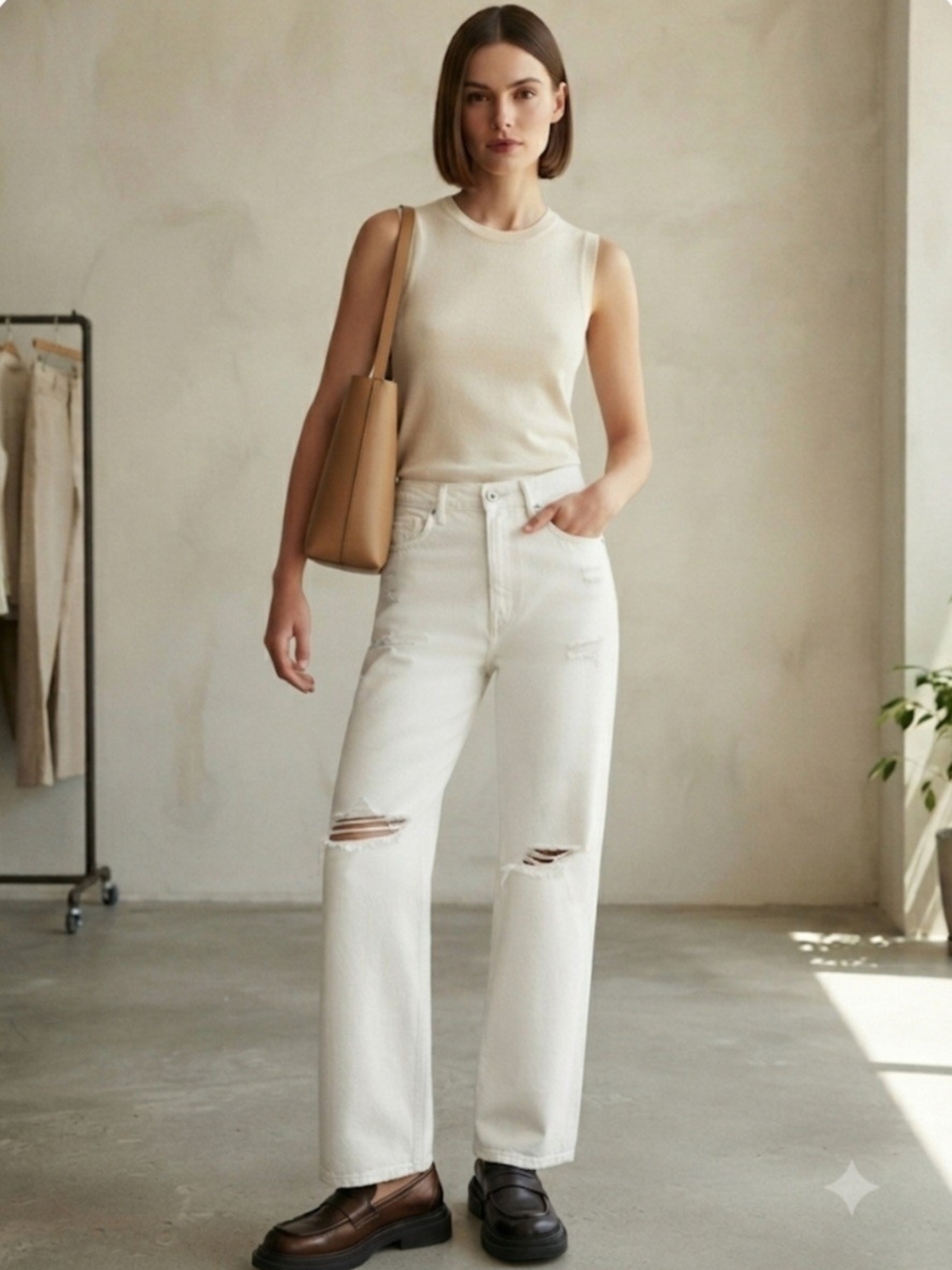 Arizona Jean Company High-Rise Straight-Leg Jeans in Off-White 100% Cotton